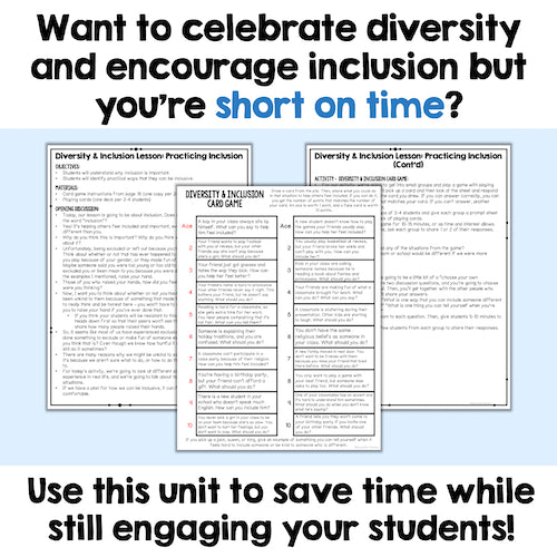 Educational materials on diversity and inclusion with text overlay