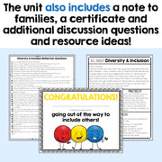Educational materials with text about a unit including a note to families, certificate, and discussion questions.