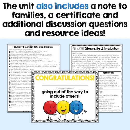 Educational materials with text about a unit including a note to families, certificate, and discussion questions.