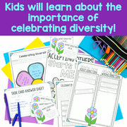 Educational materials on celebrating diversity with colorful text and stationery items.