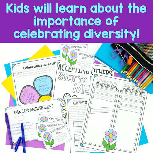 Educational materials on celebrating diversity with colorful text and stationery items.