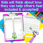 Educational materials with worksheets and stationery on a colorful background