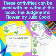 Educational materials with task cards and answer sheet on a colorful background, promoting activities related to 'The Judgmental Flower' by Julia Cook.