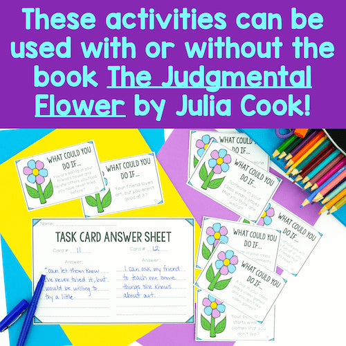 Educational materials with task cards and answer sheet on a colorful background, promoting activities related to 'The Judgmental Flower' by Julia Cook.