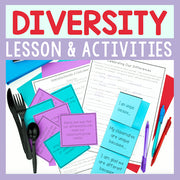Educational materials and stationery items with 'Diversity Lesson & Activities' text on a purple background.