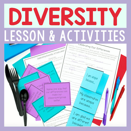 Educational materials and stationery items with 'Diversity Lesson & Activities' text on a purple background.