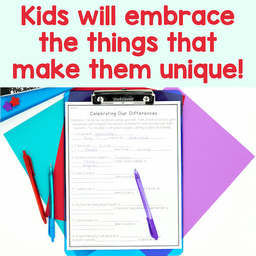 Colorful clipboard with a worksheet titled 'Celebrating Our Differences' and text 'Kids will embrace the things that make them unique!' on a white background.