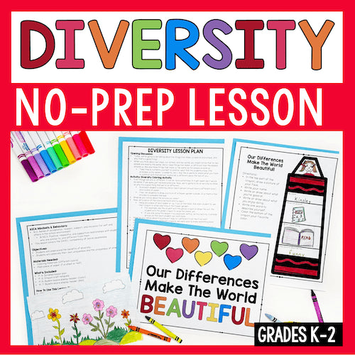 Educational materials for a 'Diversity No-Prep Lesson' with colorful text and lesson plan pages.