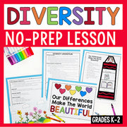 Educational materials for a 'Diversity No-Prep Lesson' with colorful text and lesson plan pages.