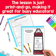 Educational lesson plan with crayons and a hand holding a pen on a red background