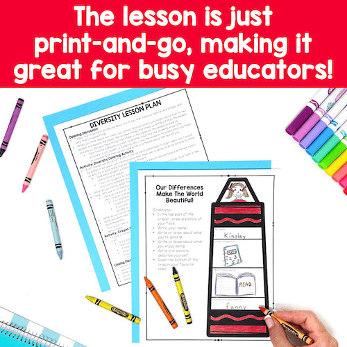 Educational lesson plan with crayons and a hand holding a pen on a red background