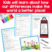 Educational materials and coloring book with text about diversity and learning.
