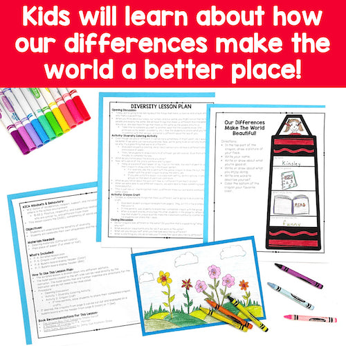 Educational materials and coloring book with text about diversity and learning.