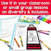 Educational materials and coloring books with crayons on a red background, promoting diversity and inclusion lessons.