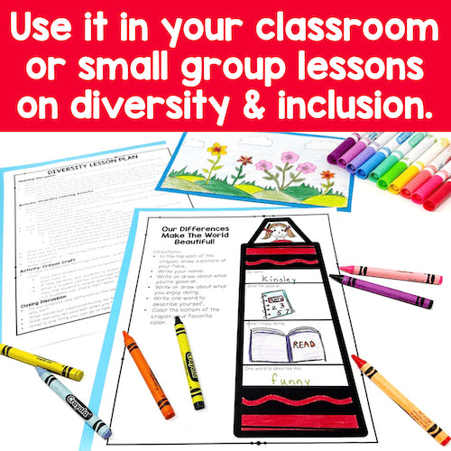 Educational materials and coloring books with crayons on a red background, promoting diversity and inclusion lessons.