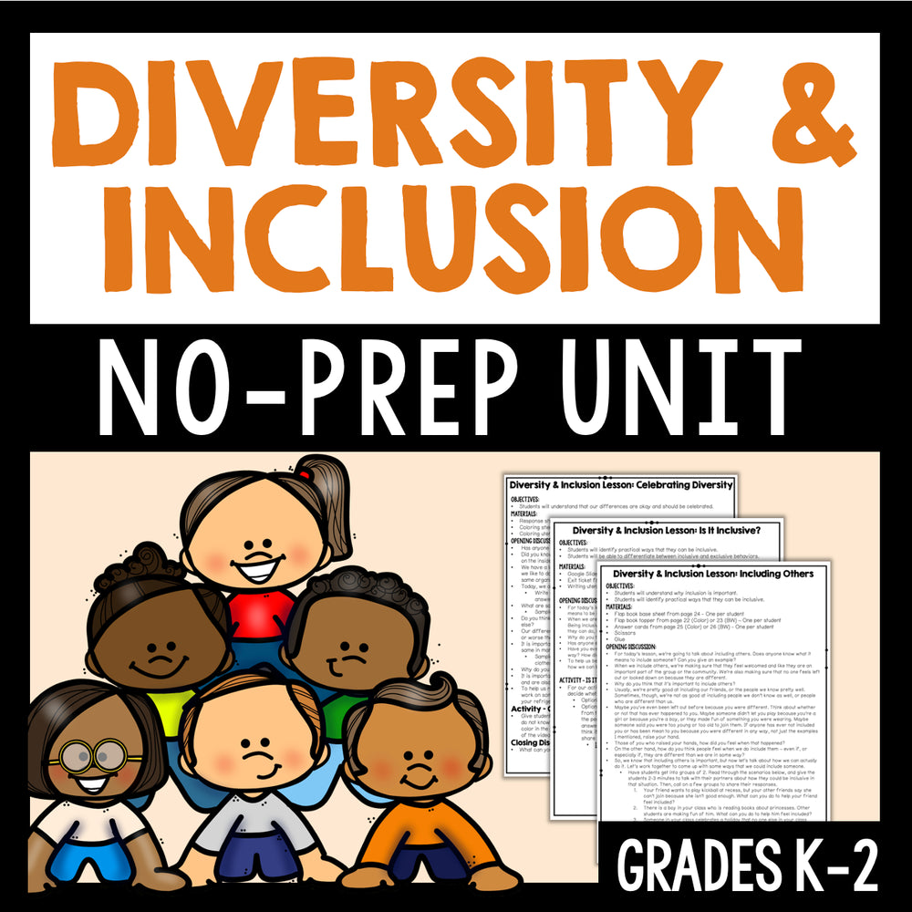 Cover of a 'Diversity & Inclusion No-Prep Unit' for grades K-2 with cartoon children and text.