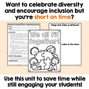 Educational materials for celebrating diversity and encouraging inclusion on a beige background.