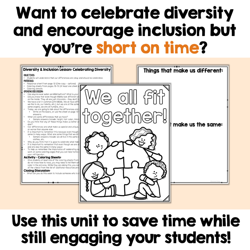 Educational materials for celebrating diversity and encouraging inclusion on a beige background.