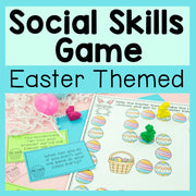Easter-themed social skills game with cards and a worksheet on a light blue background