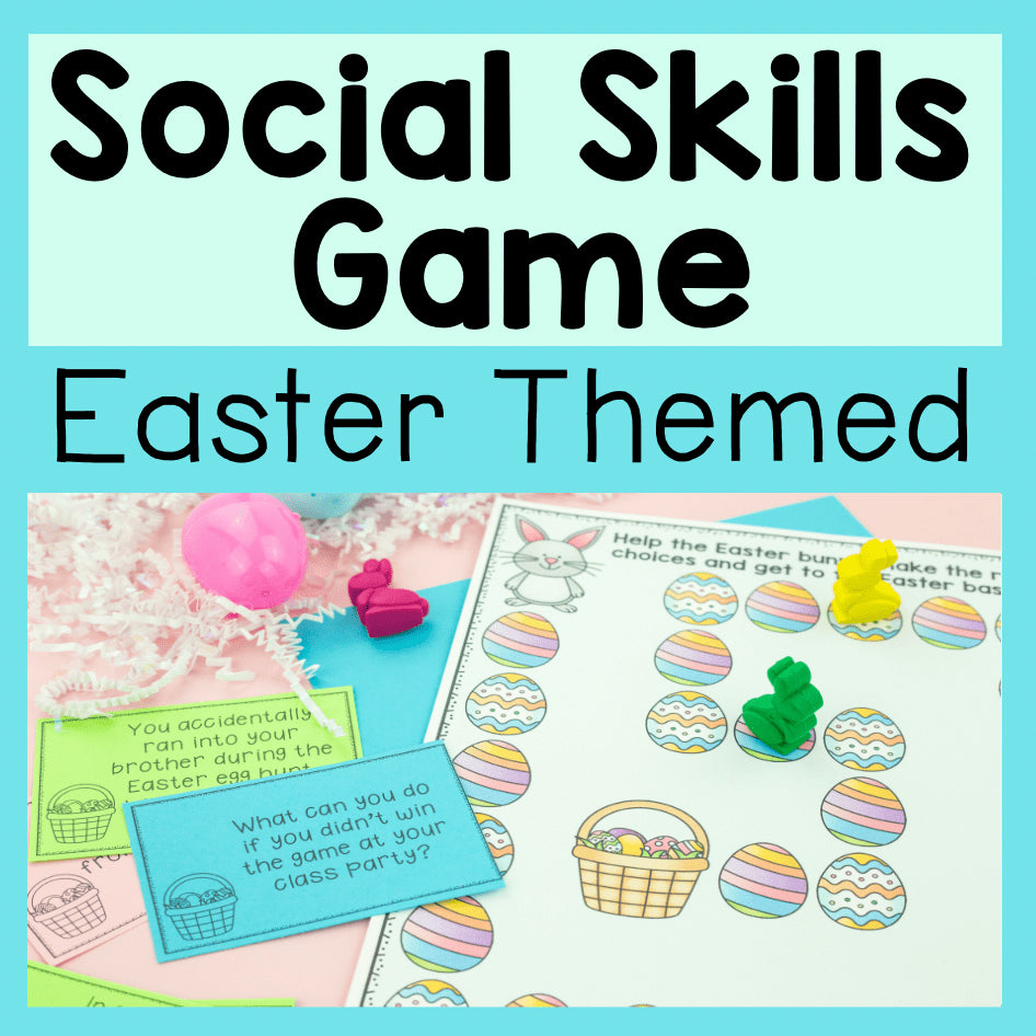 Easter-themed social skills game with cards and a worksheet on a light blue background