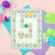 Educational Easter worksheet with colorful eggs and a bunny on a pastel background