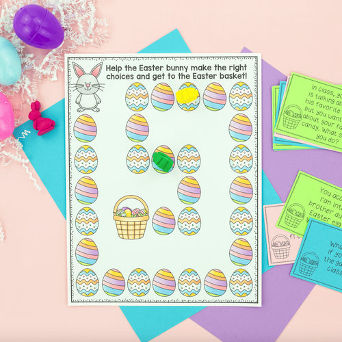 Educational Easter worksheet with colorful eggs and a bunny on a pastel background