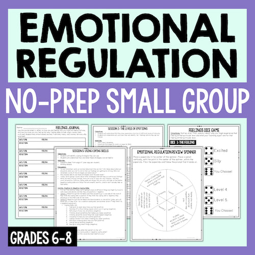 Emotional regulation materials for small group activities on a purple background