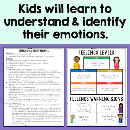 Educational materials for teaching children about emotions on a purple background