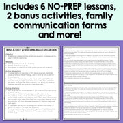 Educational materials with text about no-prep lessons and bonus activities on a purple background