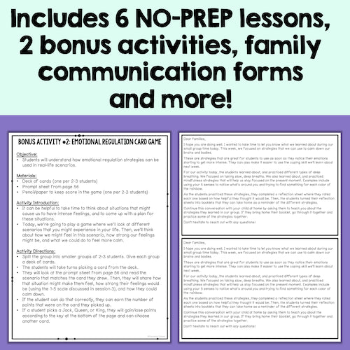 Educational materials with text about no-prep lessons and bonus activities on a purple background