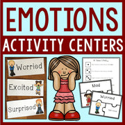 Emotions activity centers with illustrations and text on a blue background