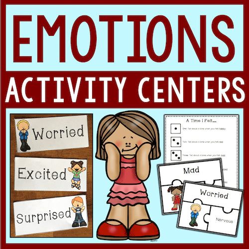 Emotions activity centers with illustrations and text on a blue background