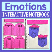 Emotions interactive notebook with pink and purple sections on a blue background