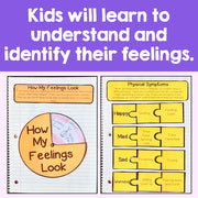 Educational materials for teaching children about feelings on a purple background