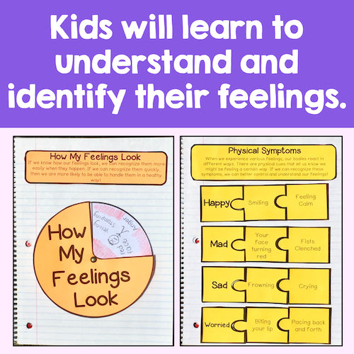 Educational materials for teaching children about feelings on a purple background
