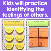 Educational materials for teaching children about identifying feelings on a purple background