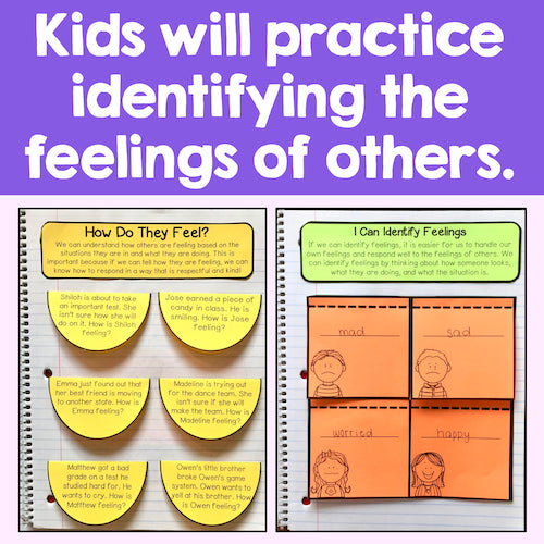 Educational materials for teaching children about identifying feelings on a purple background