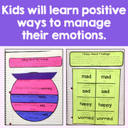 Educational materials for managing emotions with colorful charts and text on a purple background.