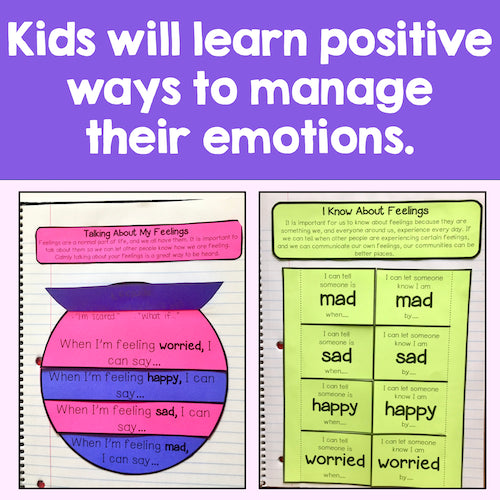 Educational materials for managing emotions with colorful charts and text on a purple background.
