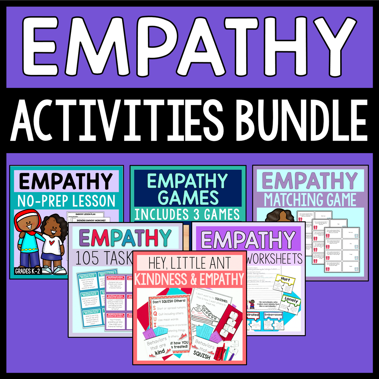 Empathy activities bundle with various educational materials on a purple background