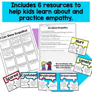 Educational materials on empathy with text 'Includes 6 resources to help kids learn about and practice empathy.'