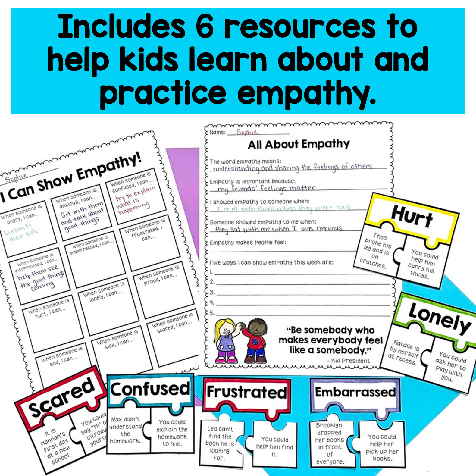 Educational materials on empathy with text 'Includes 6 resources to help kids learn about and practice empathy.'