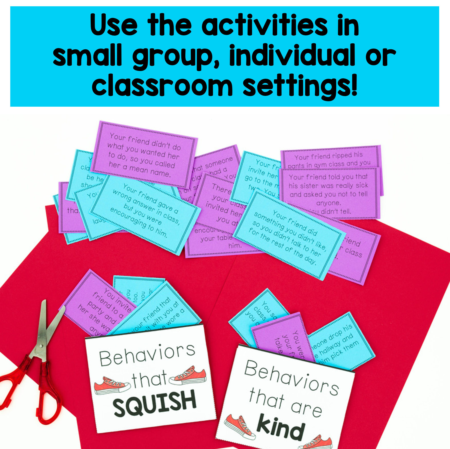 Educational materials with cards and scissors on a red background, promoting activities for small group, individual, or classroom settings.