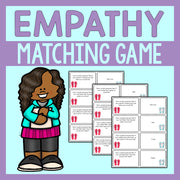 Empathy matching game with cartoon character and cards on a light blue background