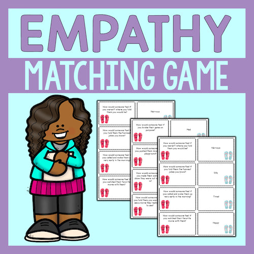 Empathy matching game with cartoon character and cards on a light blue background