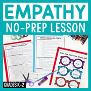 Empathy lesson plan materials with glasses and stationery on a teal background