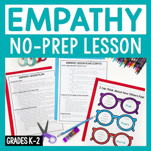 Empathy lesson plan materials with glasses and stationery on a teal background