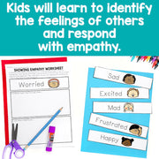 Empathy education materials including a worksheet and emotion cards on a blue background.