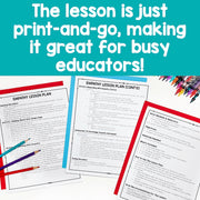 Empathy lesson plans with colorful pencils on a white background