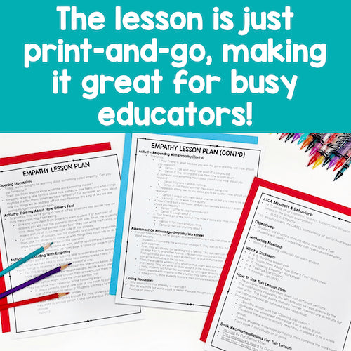 Empathy lesson plans with colorful pencils on a white background